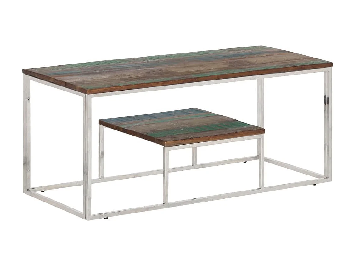 Table basse argenté acier inoxydable-bois massif récupération