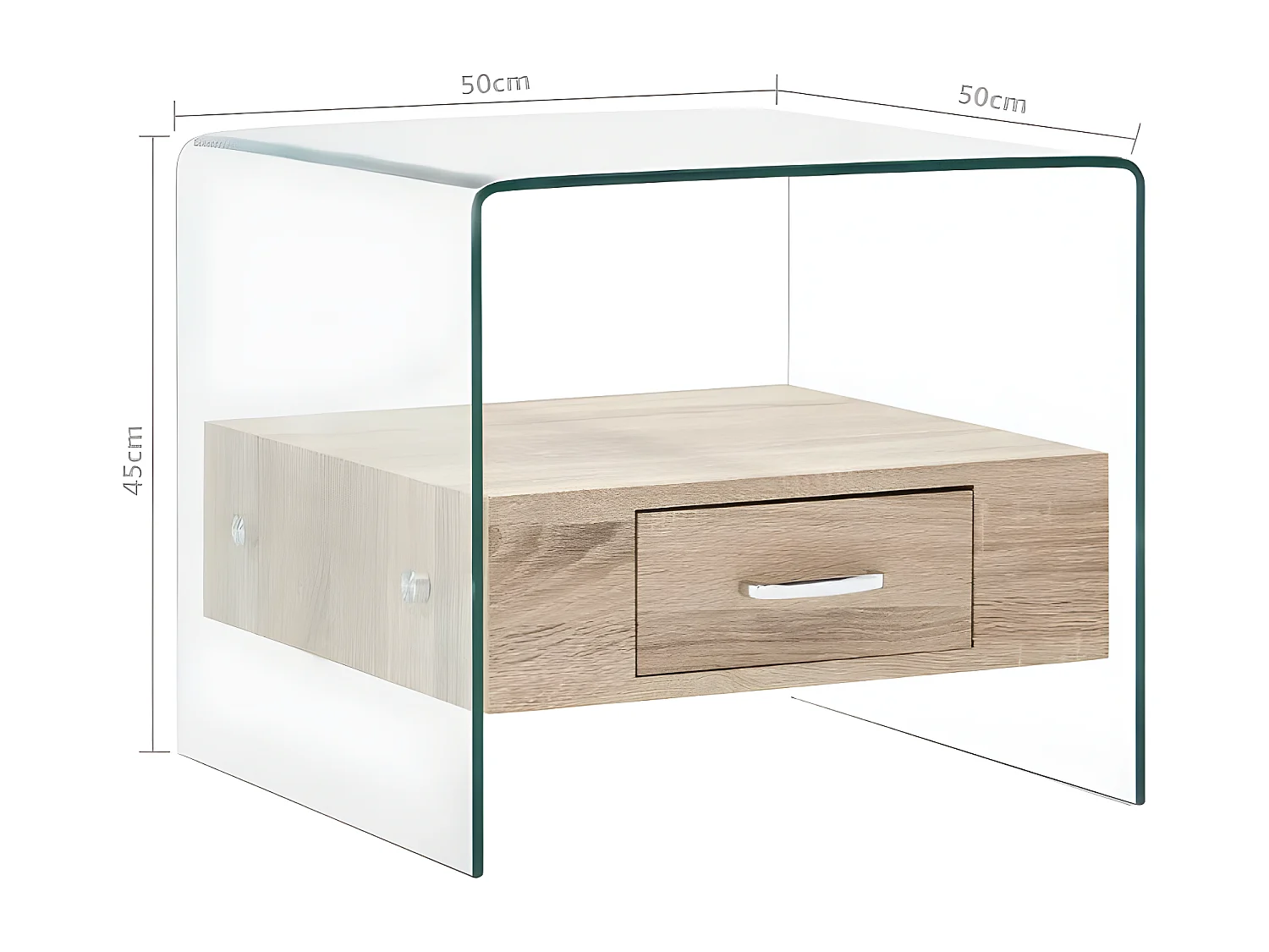 Table basse carrée 1 tiroir verre transparent et chêne clair Allissa
