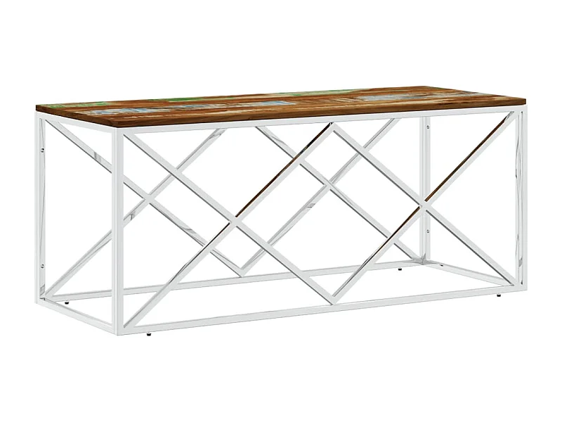 Table basse acier inoxydable et bois massif de récupération