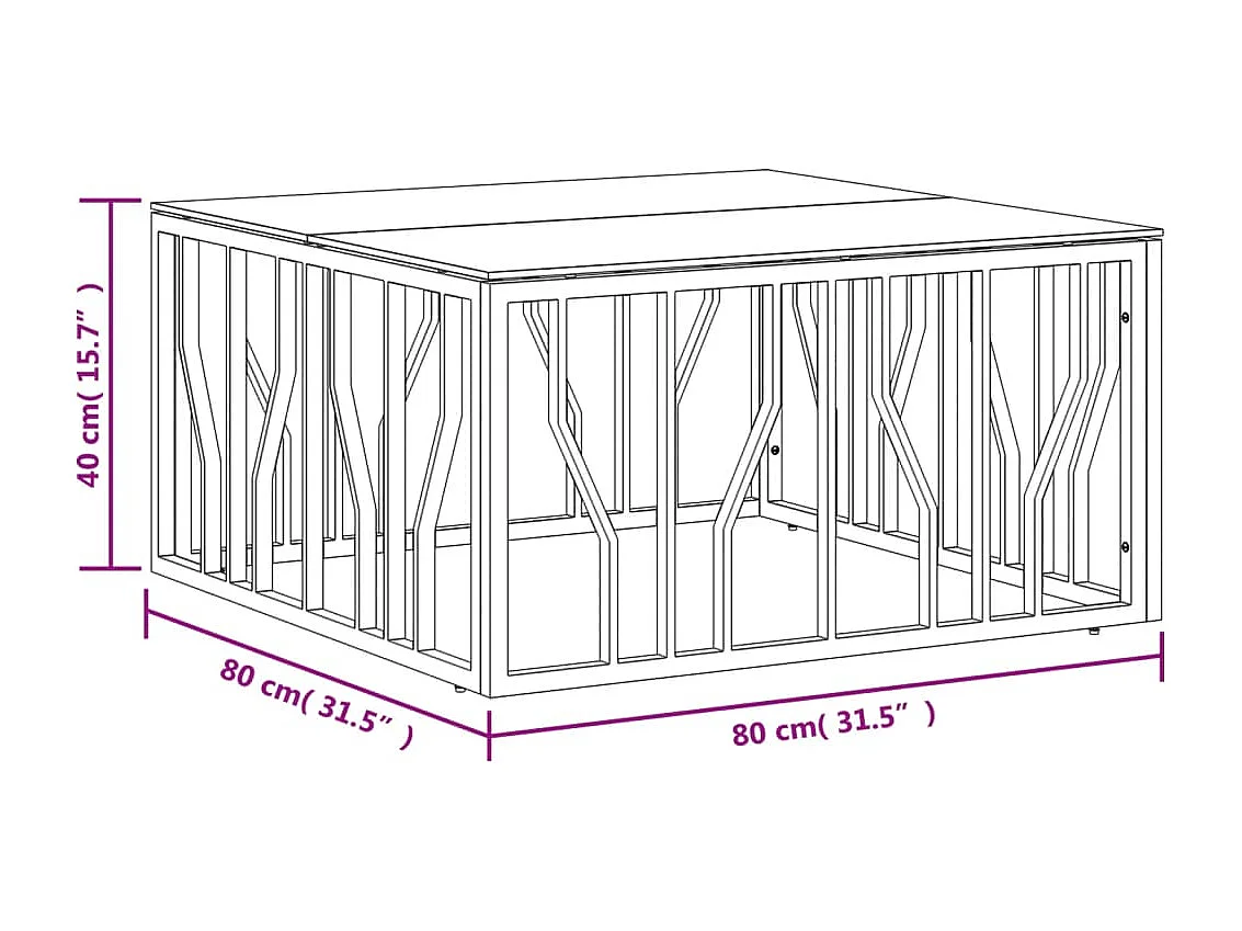 Table basse 80x80x40 acier inoxydable et verre