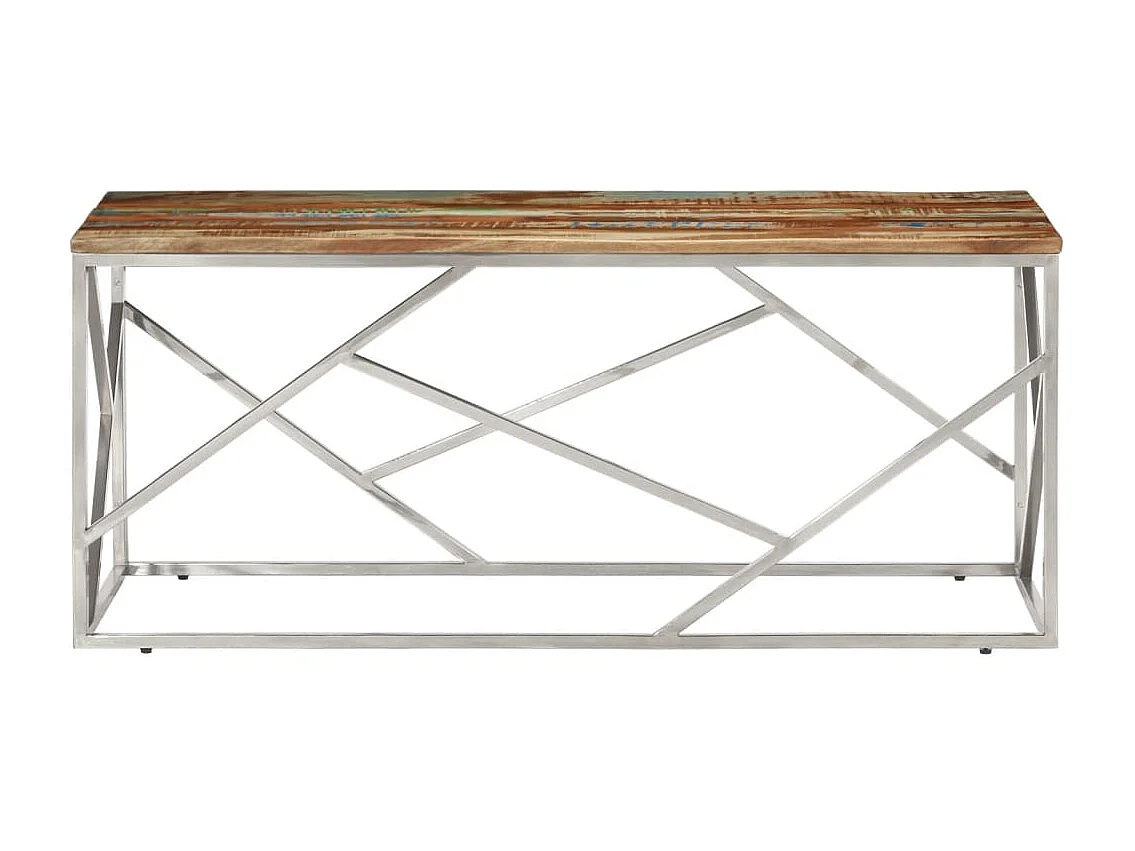 Table basse argenté inox et bois de récupération massif