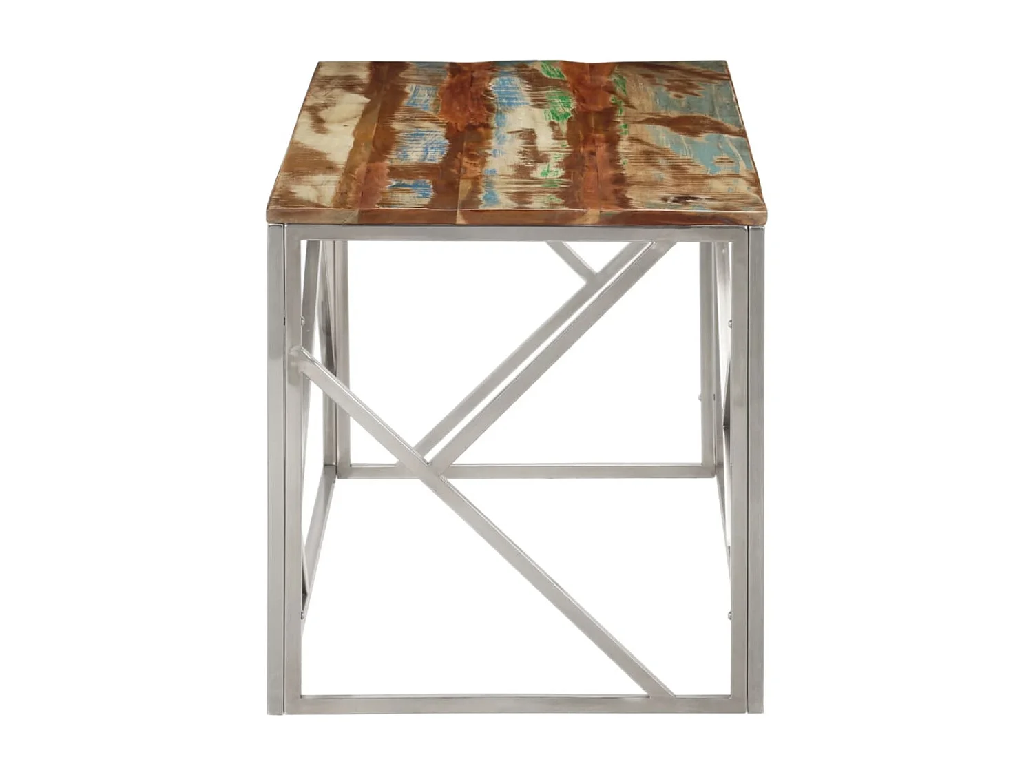 Table basse argenté inox et bois de récupération massif