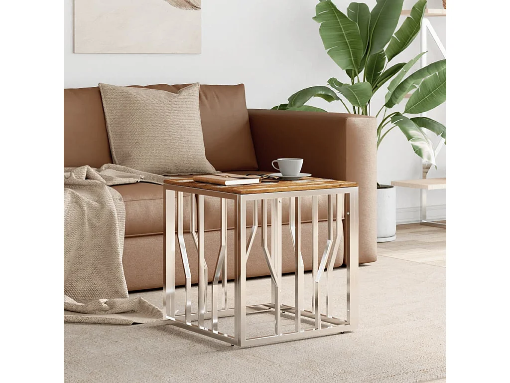 Table basse argenté acier inoxydable-bois massif récupération