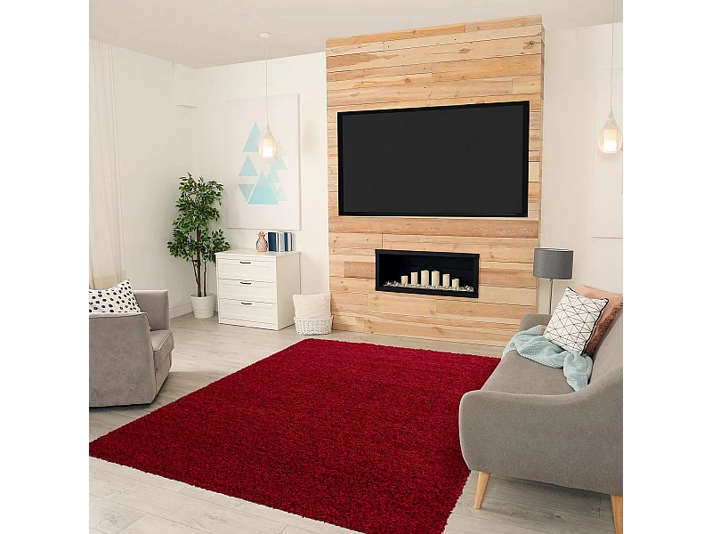 Tapis poils longs shaggy Ø80cm rond tissé rouge motif uni UNI L