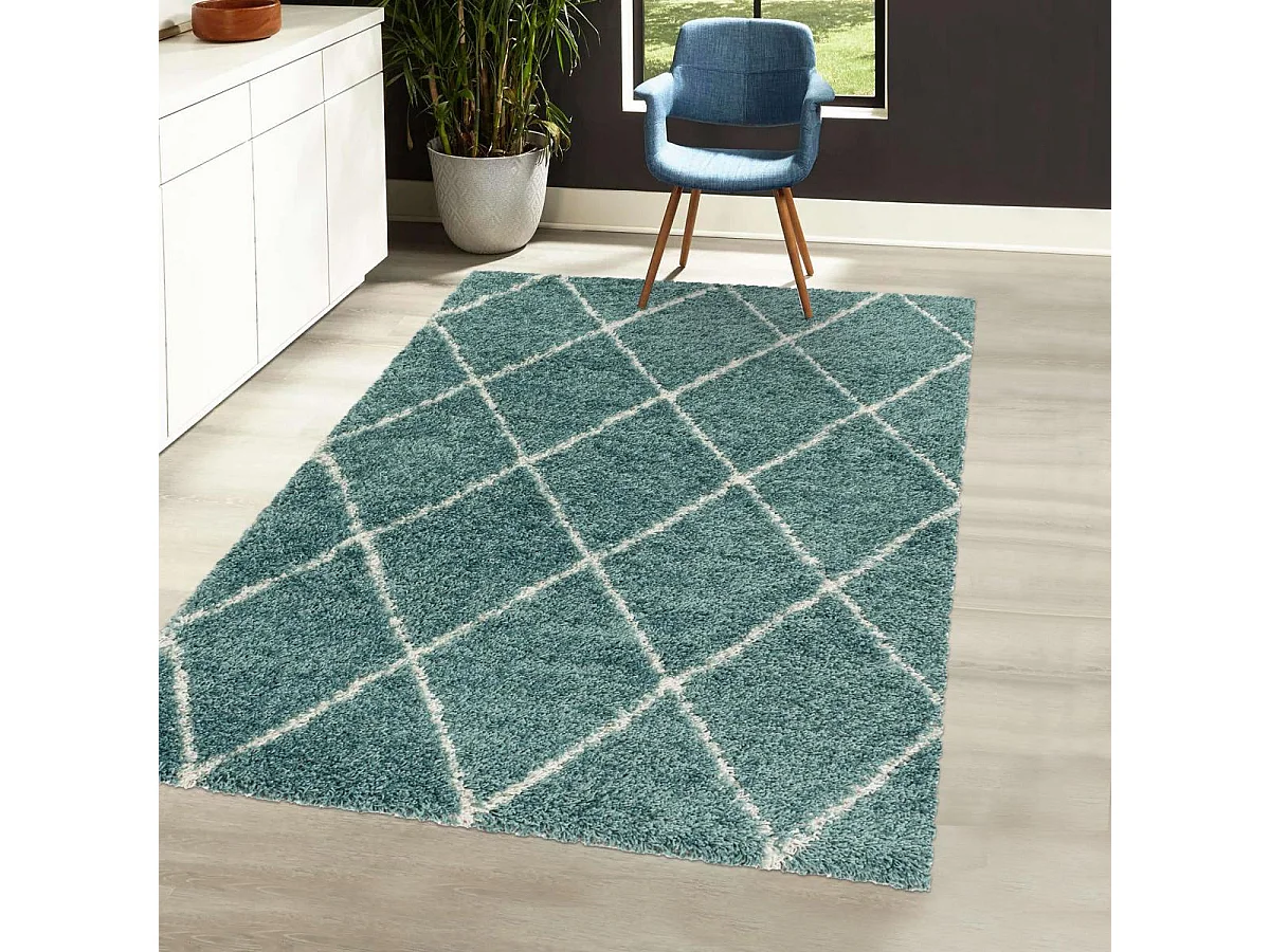 Tapis berbère 60x110 tissé motif losange SHAGGY A bleu