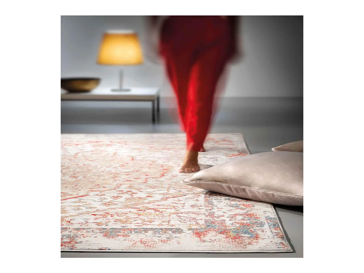 tapis chambre 160x225 tissé crème et rouge rectangle motif oriental AKHIR