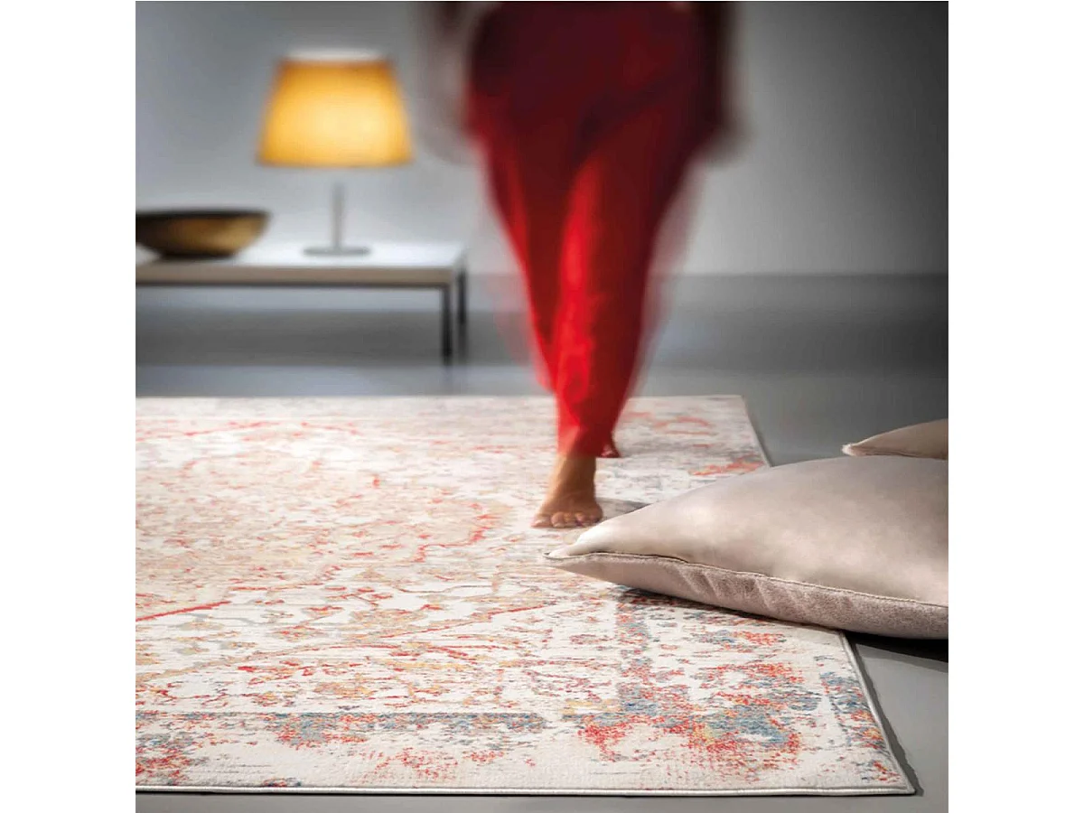 tapis chambre 160x225 tissé crème et rouge rectangle motif oriental AKHIR