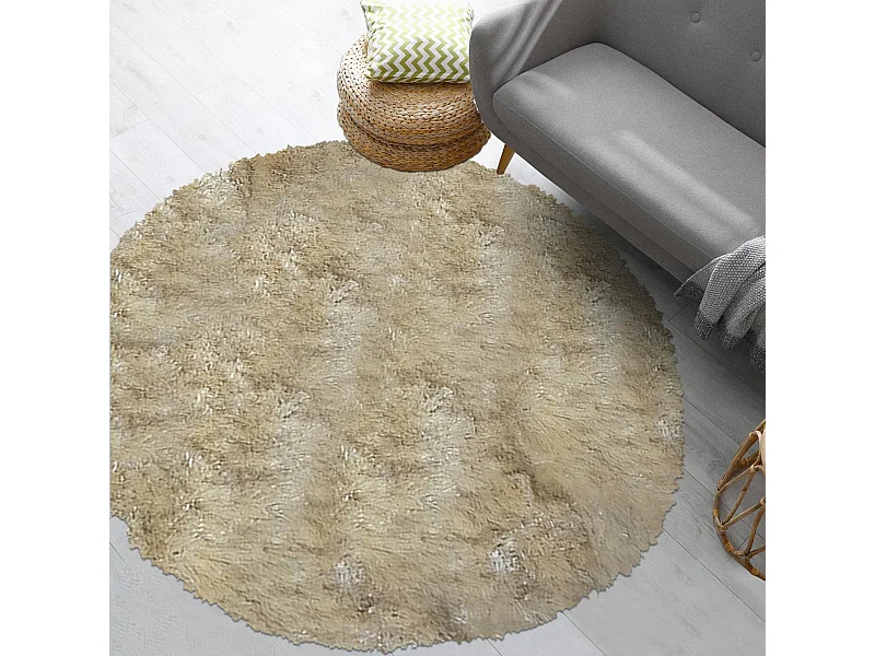 Tapis shaggy Ø100cm rond fait main beige motif uni SG FIN