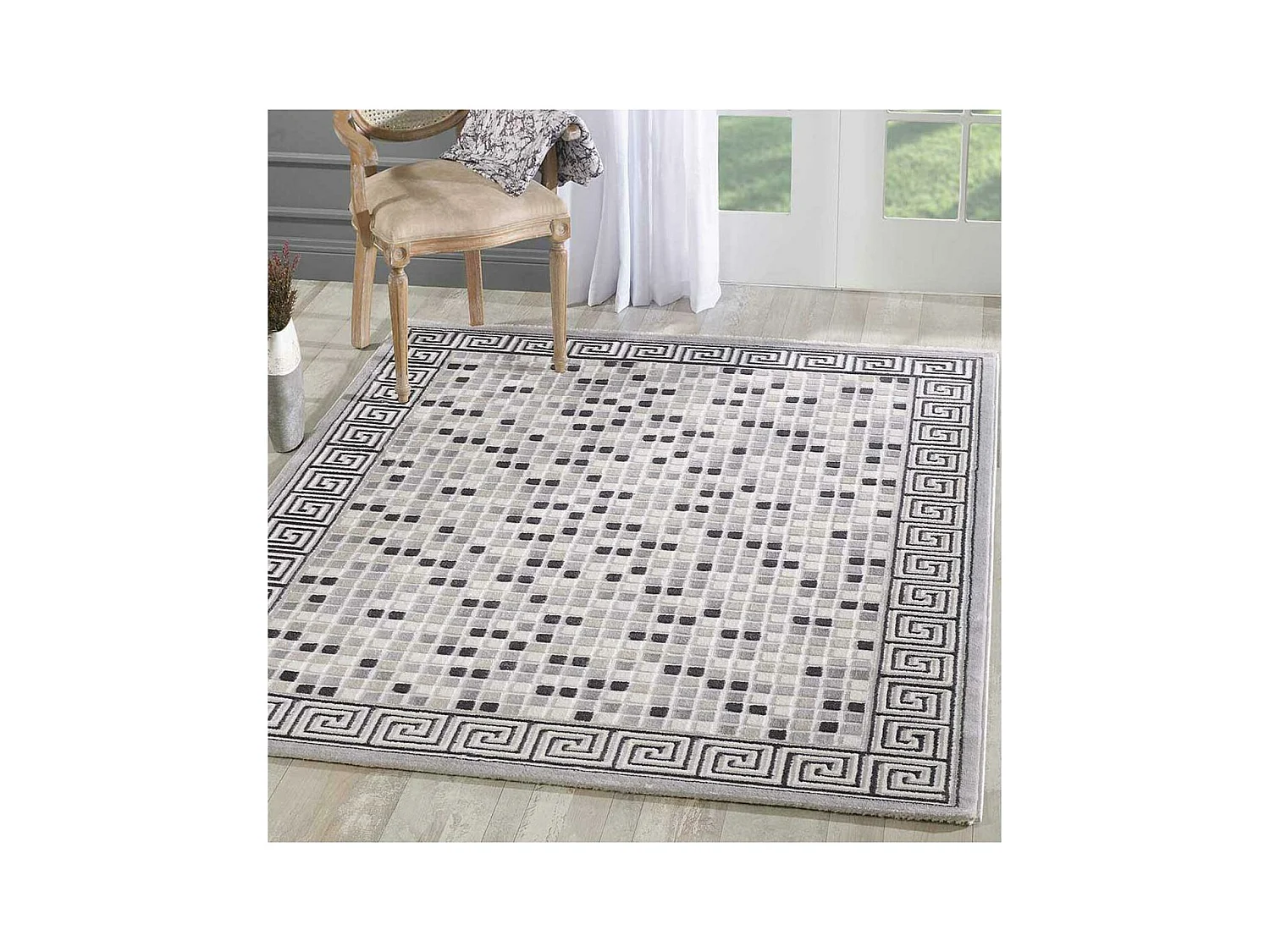 tapis chambre 80x150 tissé gris clair rectangle motif géométrique LYN7 BERIM
