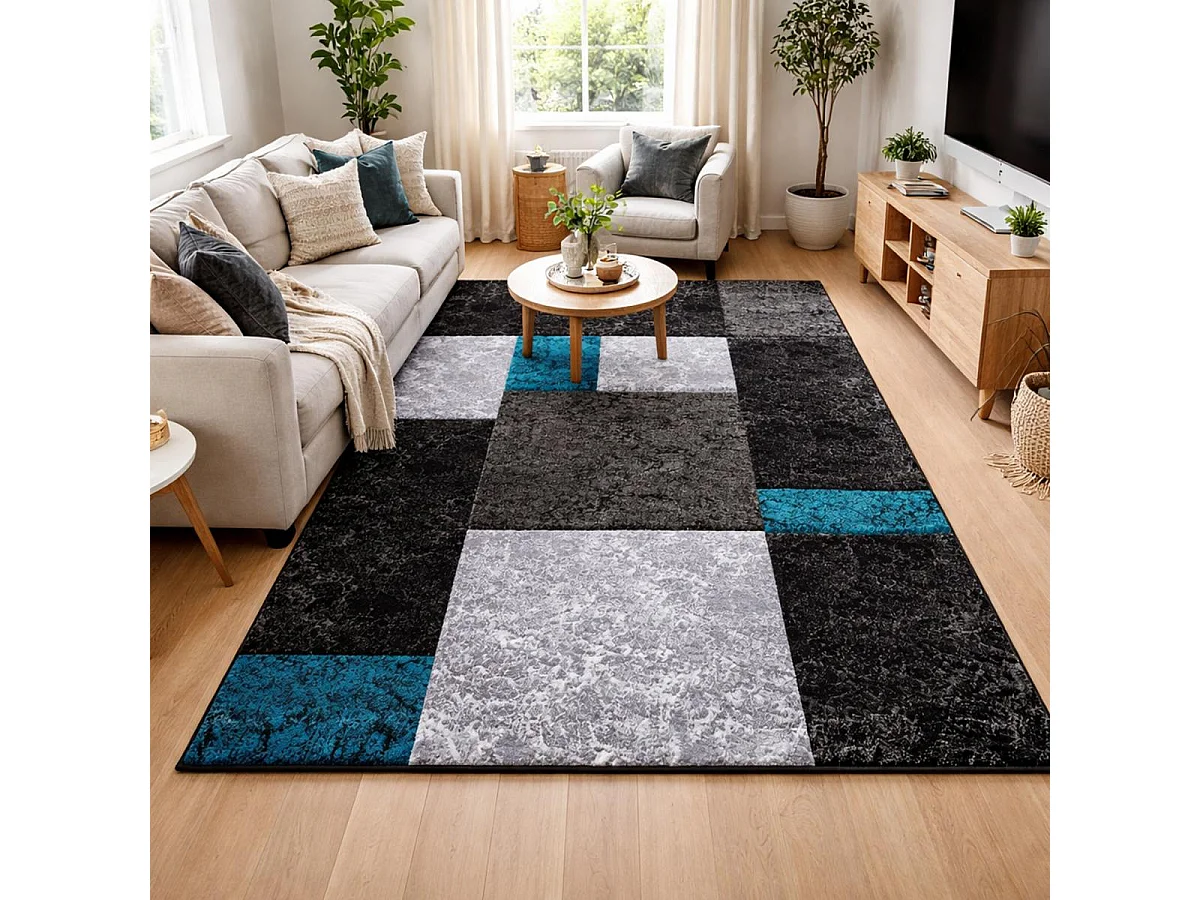 tapis entrée 80x150 tissé turquoise et gris rectangle motif géométrique