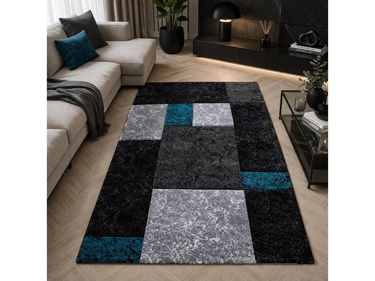 tapis entrée 80x150 tissé turquoise et gris rectangle motif géométrique