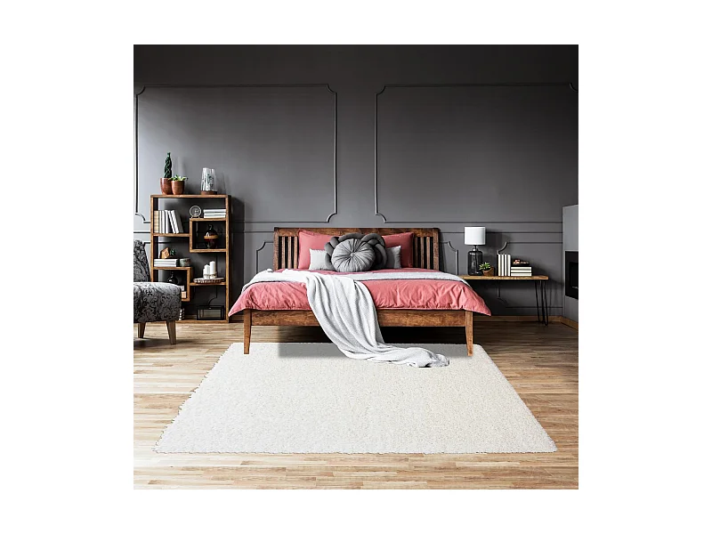 Tapis poils longs shaggy Ø200cm rond tissé crème motif uni UNI L