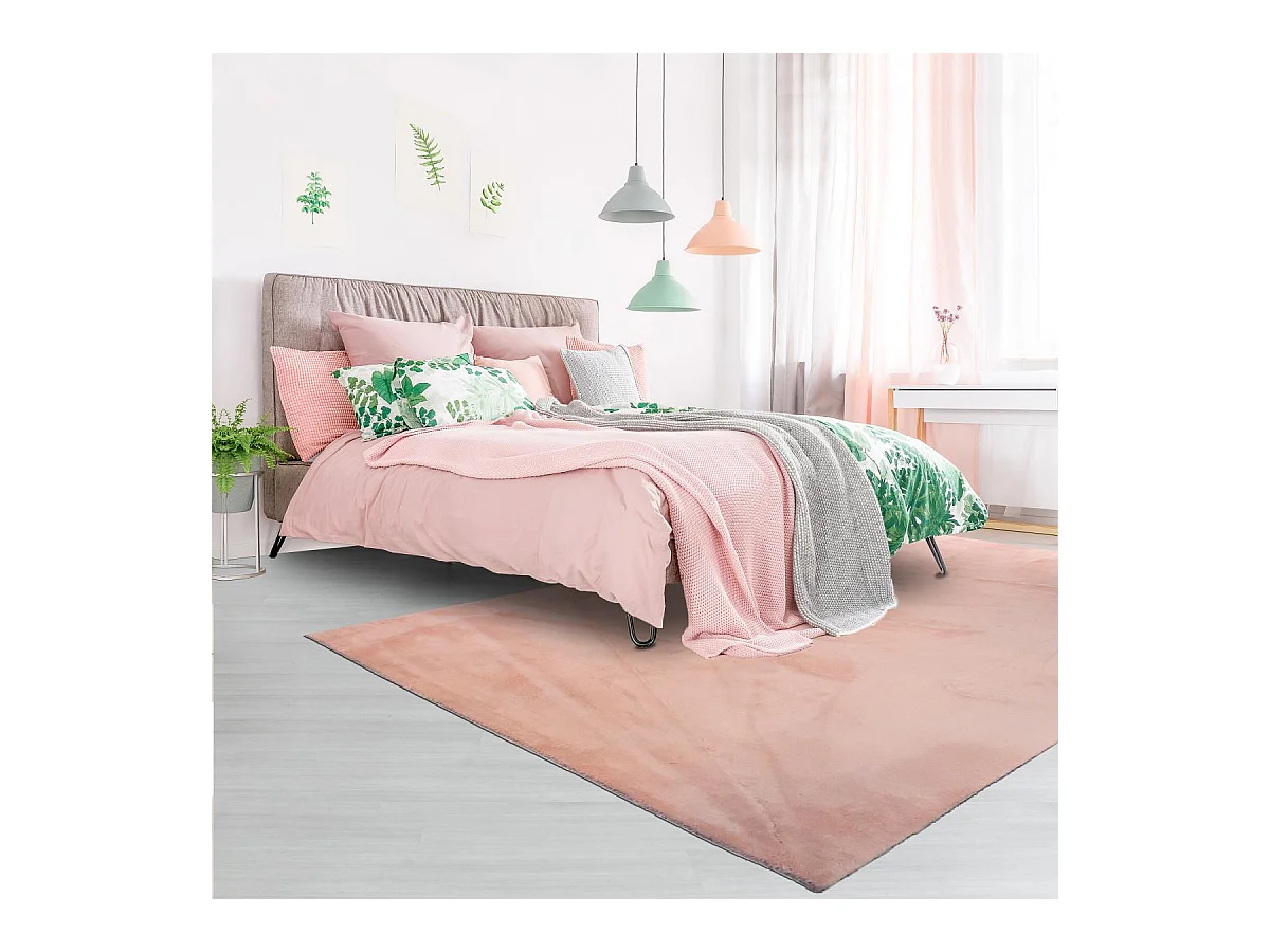 Tapis d'entrée LYN10 LAVABLE 80x150 soyeux et doux, tapis rose uni à l'aspect : Shaggy