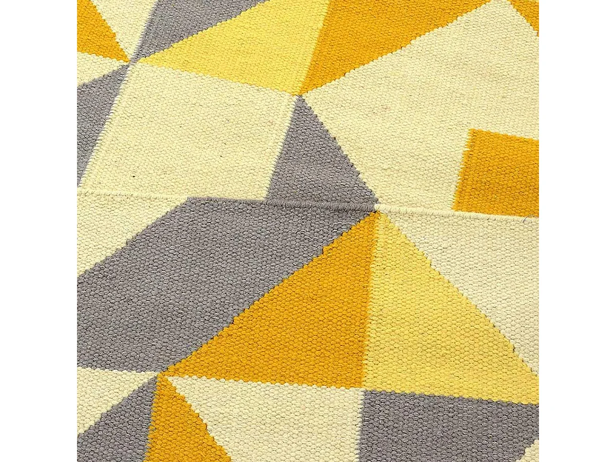 Tapis kilim 110x160 rectangle fait main en laine jaune motif géométrique