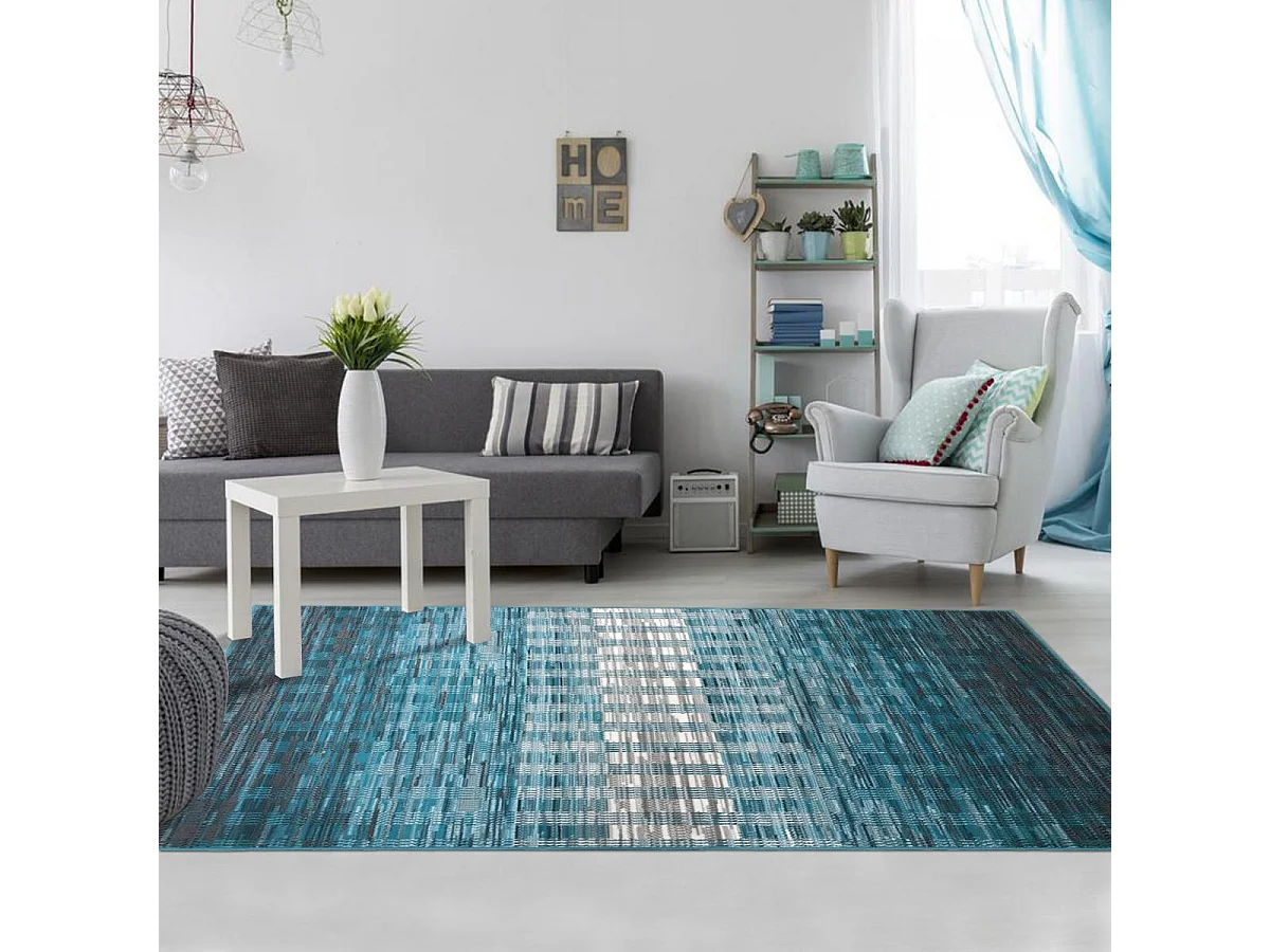 tapis chambre 120x170 tissé bleu et blanc rectangle motif géométrique