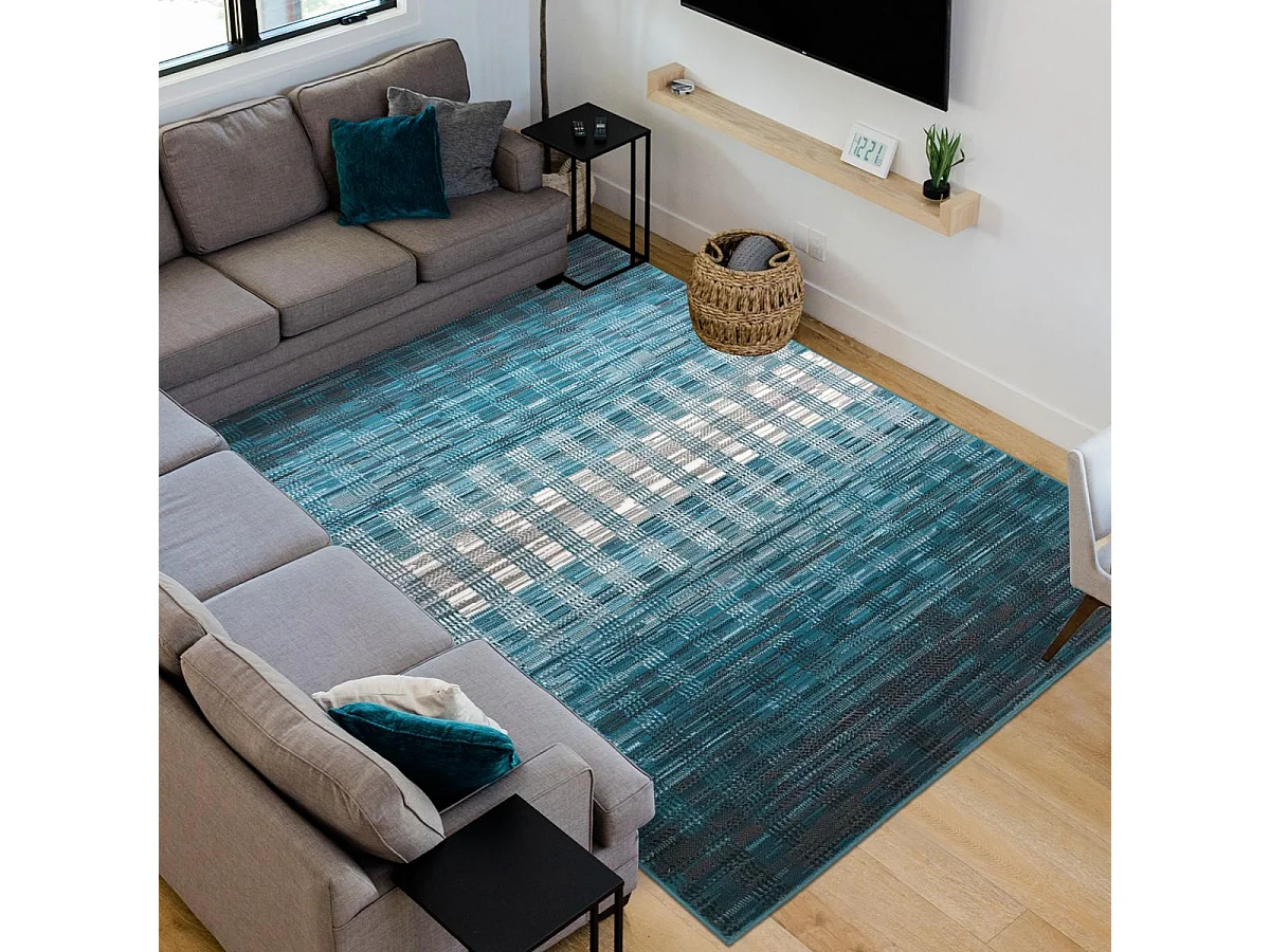 tapis chambre 120x170 tissé bleu et blanc rectangle motif géométrique