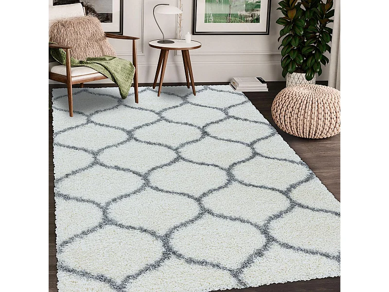 Tapis shaggy Ø120cm rond tissé crème motif scandinave SCANDINAV A