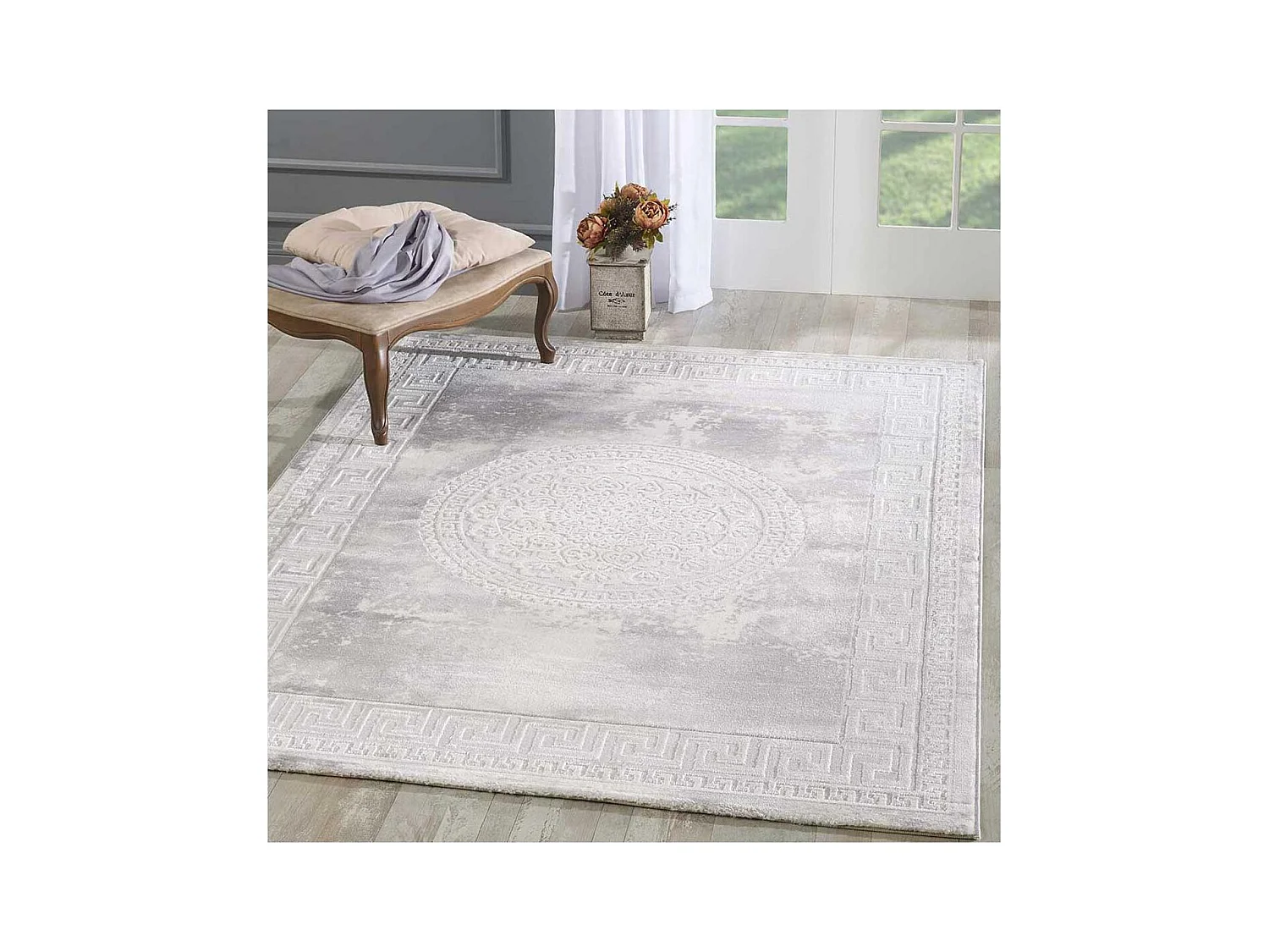 Tapis oriental 200x280 rectangle gris clair tissé motif ancestral LYN7 ALAN