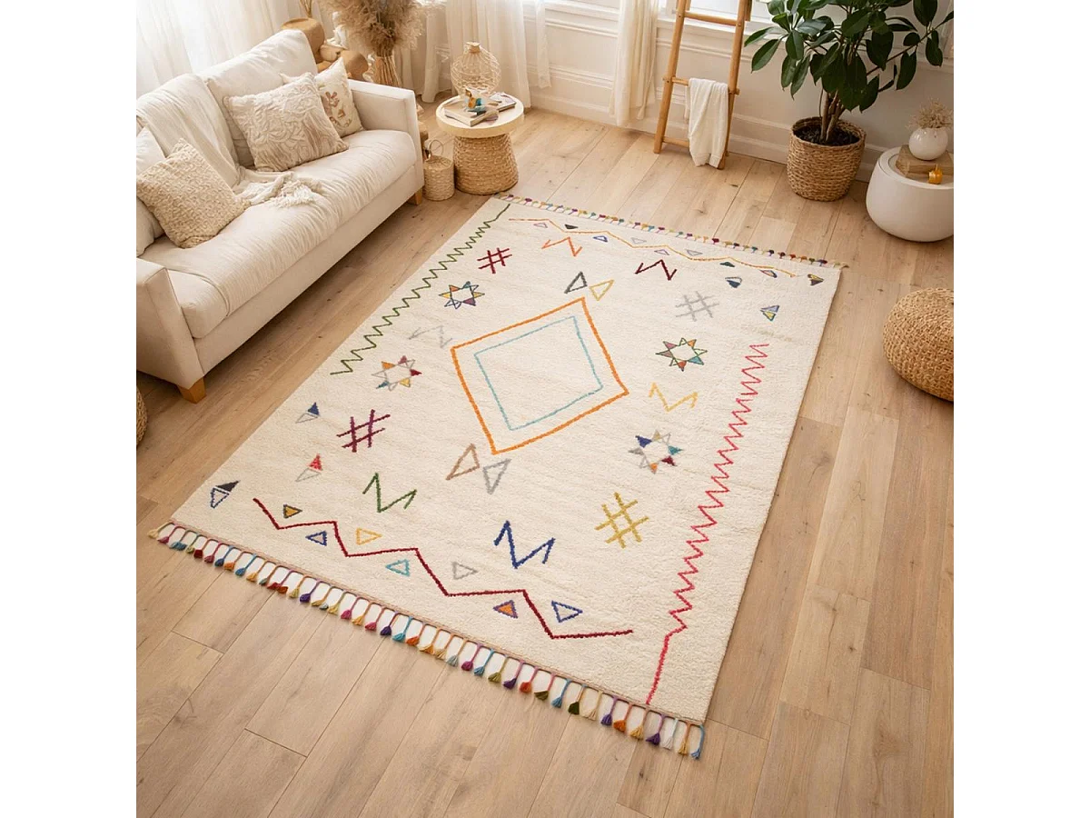 Tapis berbère 200x290 tissé motif ethnic LYN5 JADIDA crème