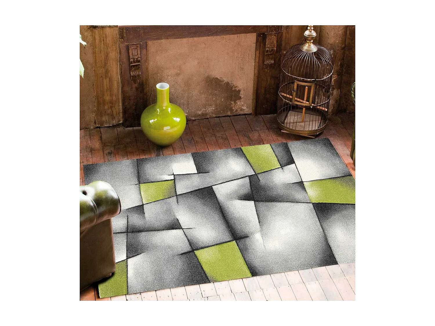 tapis salon 160x230 tissé vert rectangle motif géométrique PAR 3D