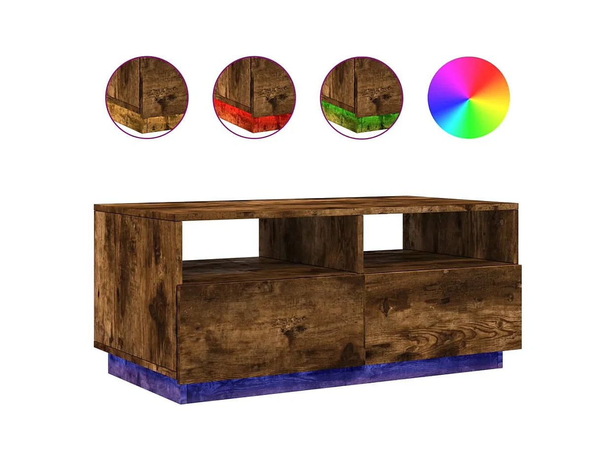 Table basse avec lumières LED chêne fumé 90x49x40