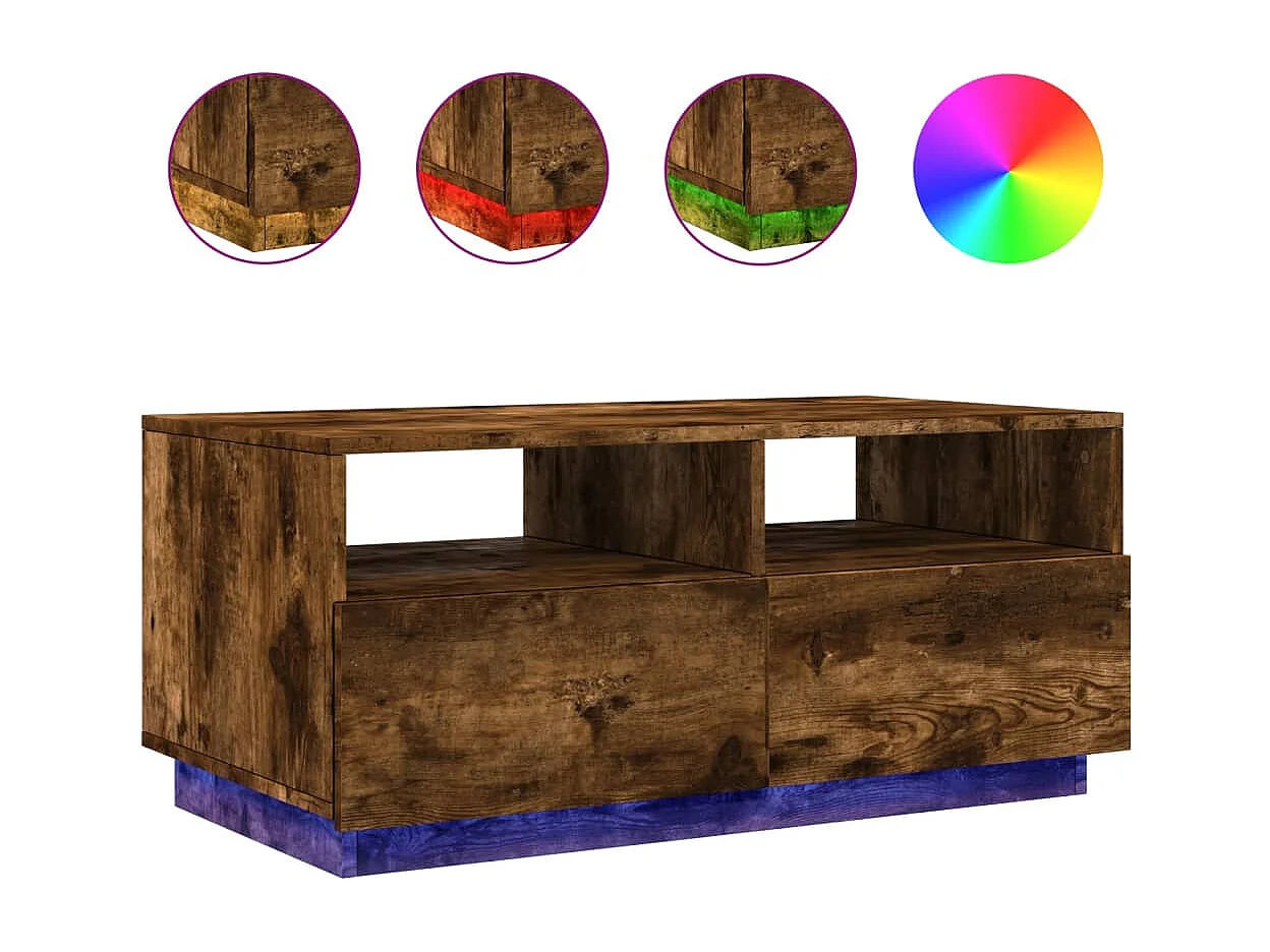 Table basse avec lumières LED chêne fumé 90x49x40