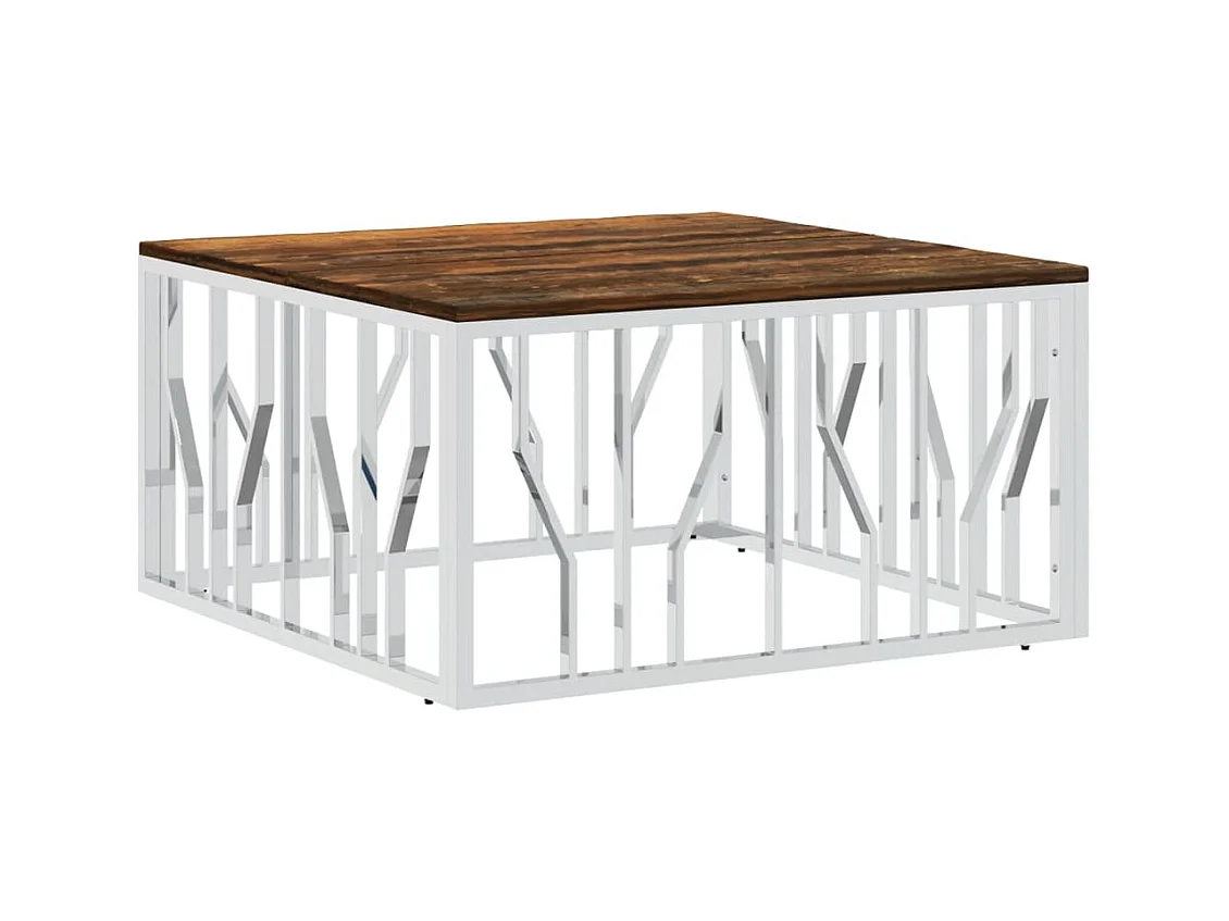 Table basse argenté acier inoxydable-bois massif récupération