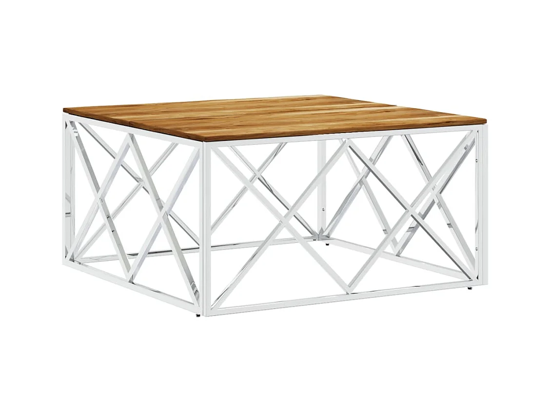 Table basse argenté acier inoxydable et bois massif d'acacia
