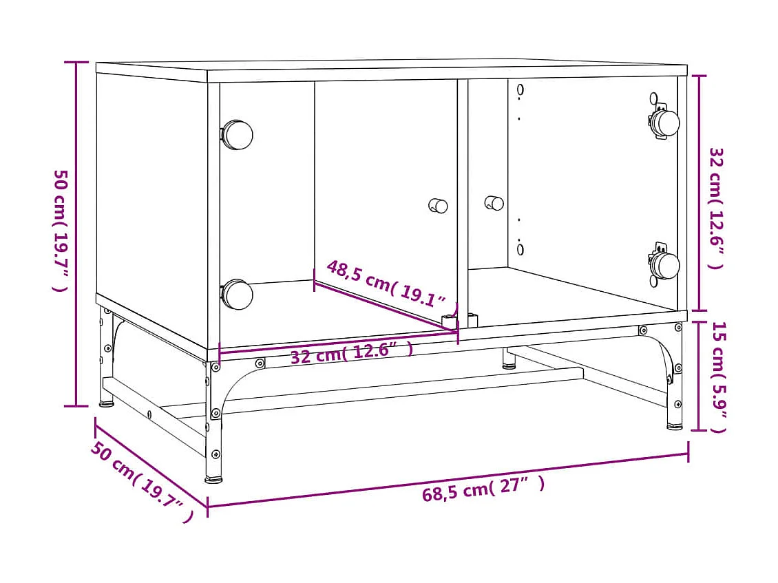 Table basse avec portes en verre gris béton 68,5x50x50