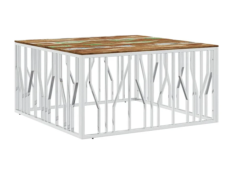 Table basse argenté acier inoxydable-bois massif récupération