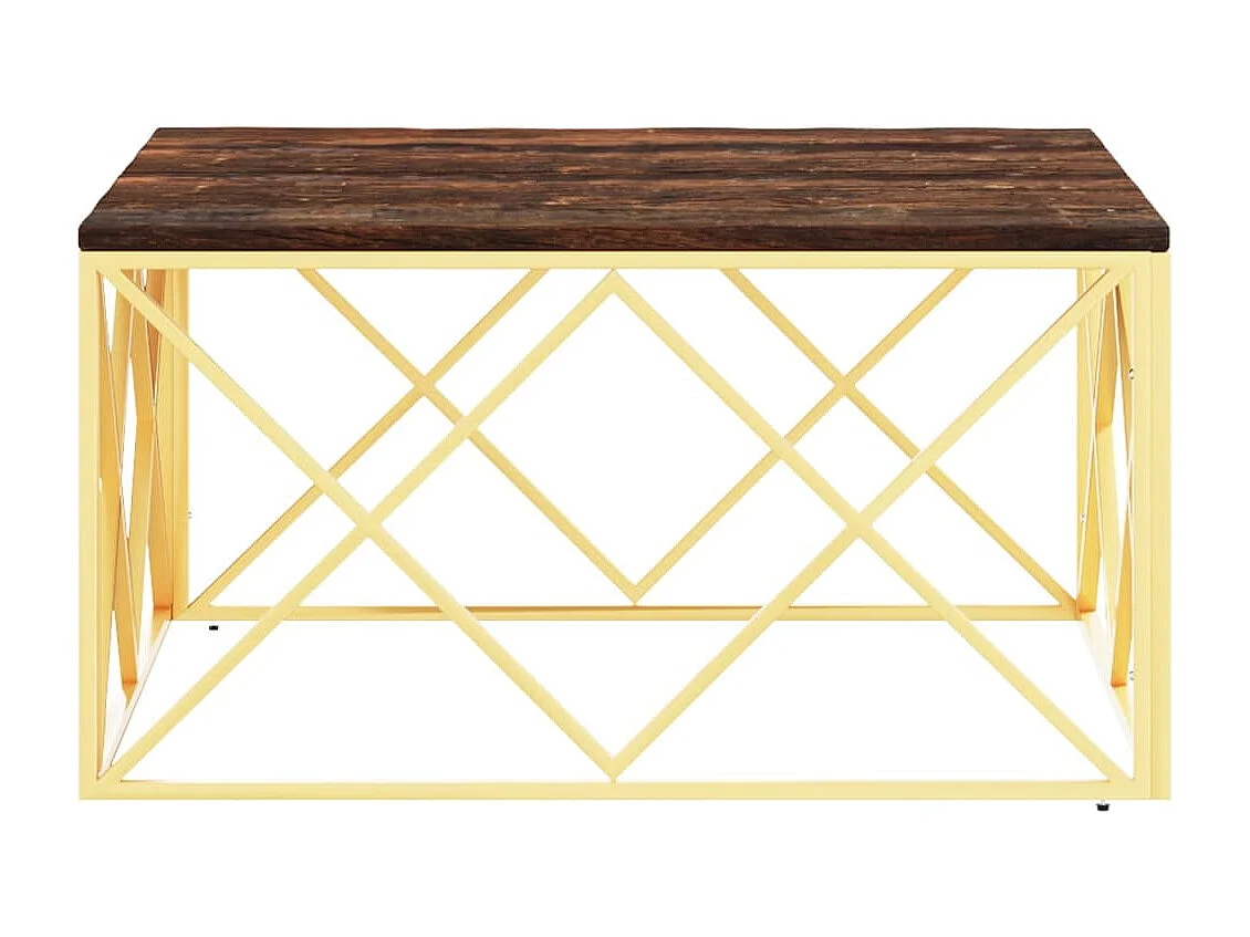 Table basse doré acier inoxydable et bois massif récupération