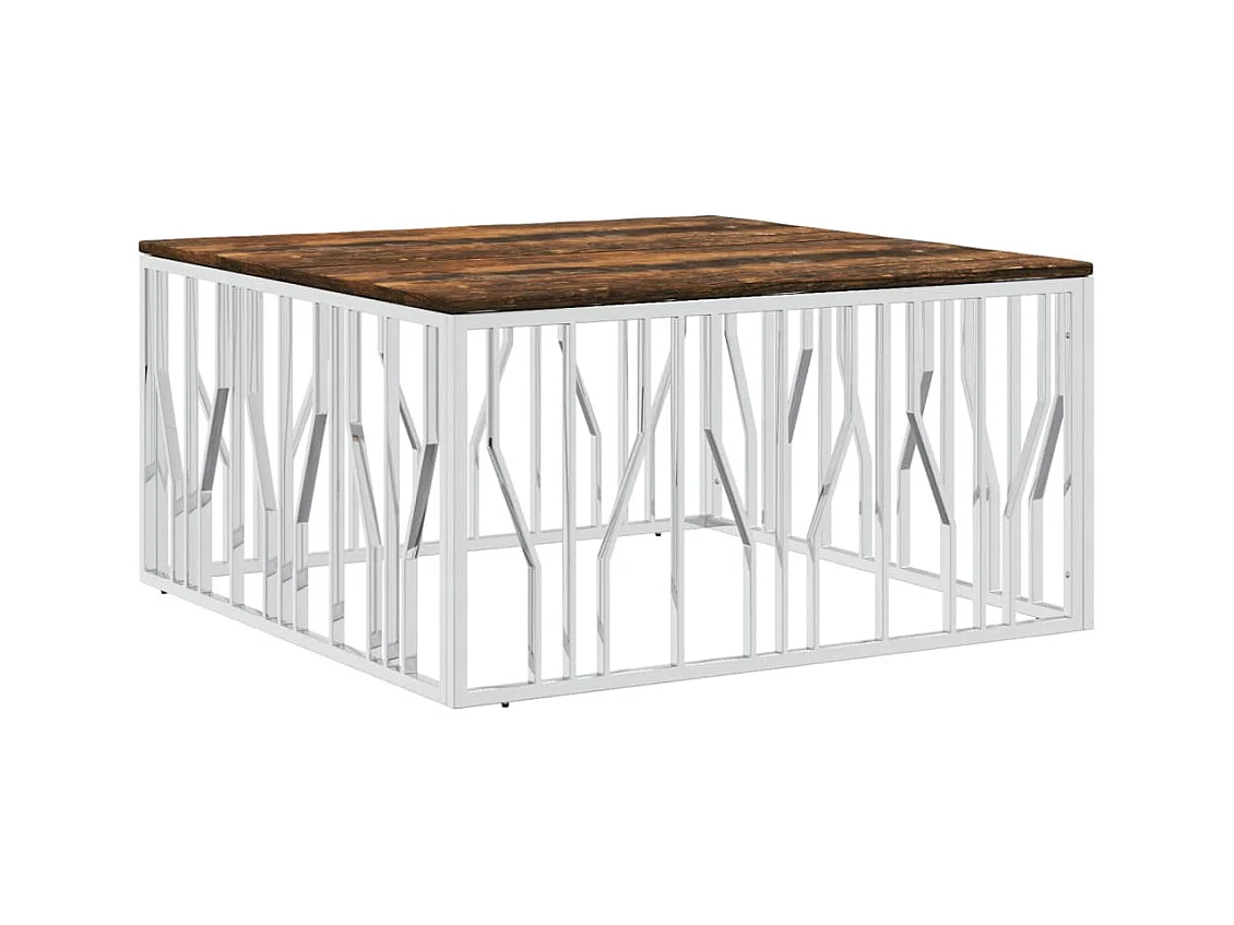 Table basse argenté acier inoxydable-bois massif récupération