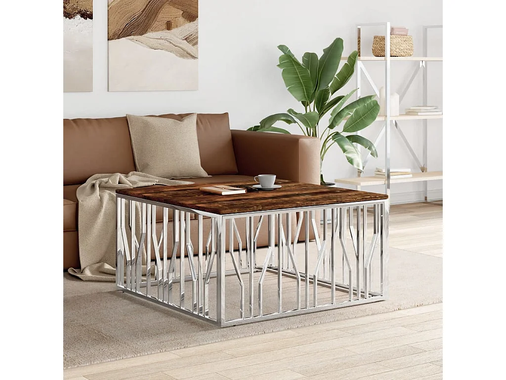 Table basse argenté acier inoxydable-bois massif récupération