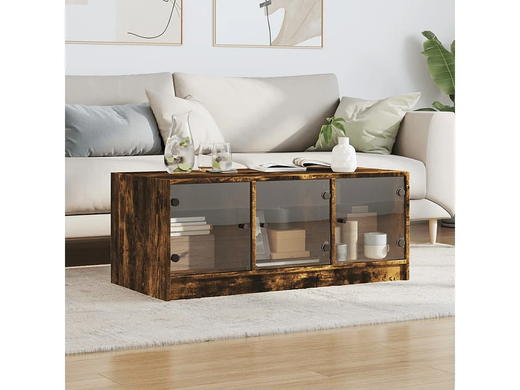 Table basse avec portes en verre chêne fumé 102x50x42
