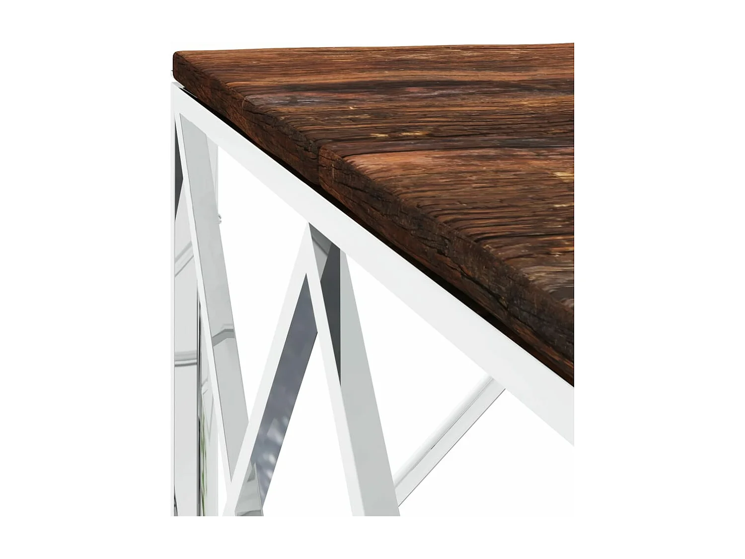 Table basse acier inoxydable et bois massif de récupération