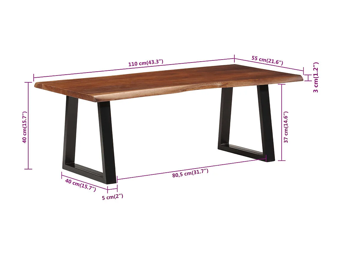 Table basse marron miel 110x55x40 bois massif d'acacia