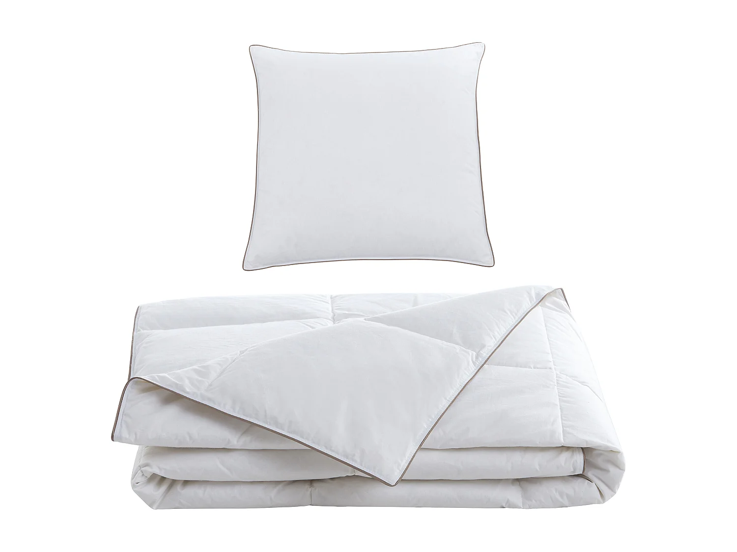 Pack couette 140 x 200 cm + 1 oreiller 65 x 65 cm anti-acariens enveloppe 100% percale et garnissage plumettes et duvet - Blanc passepoil taupe - FEATH de PALACIO