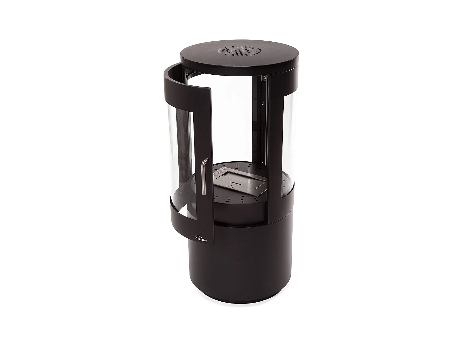 Bioethanolofen für den Außenbereich, Turmdesign aus schwarzem Stahl mit Tür aus gehärtetem Glas