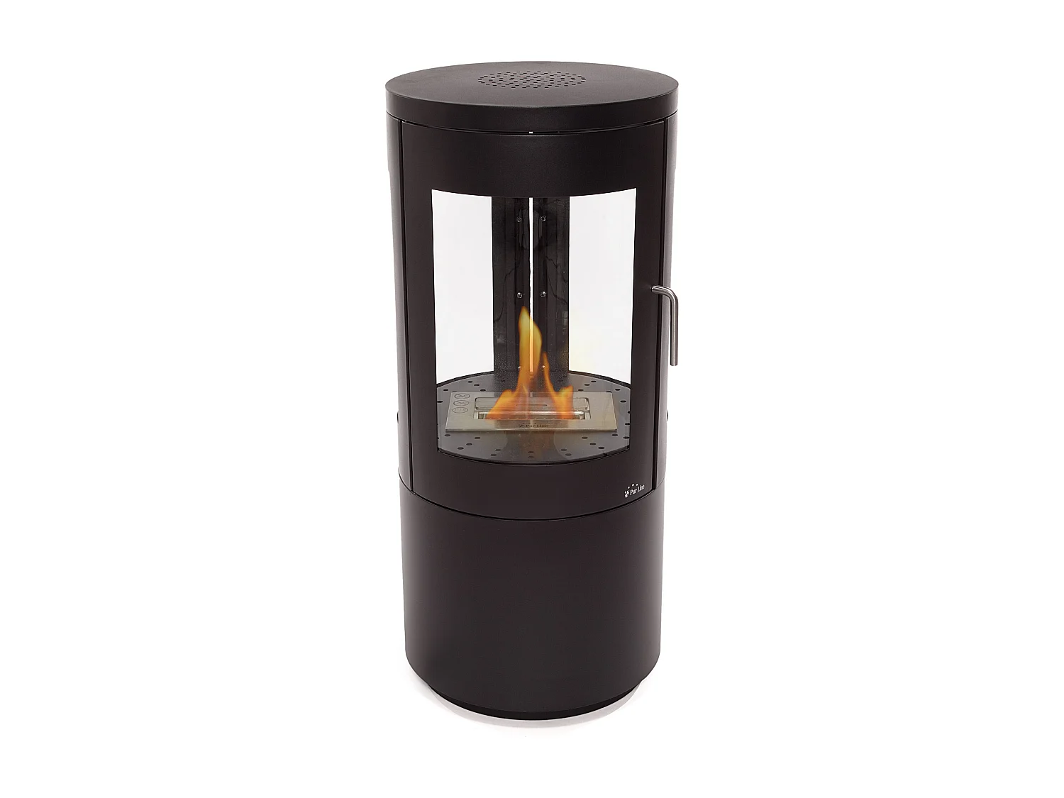 Bioethanolofen für den Außenbereich, Turmdesign aus schwarzem Stahl mit Tür aus gehärtetem Glas