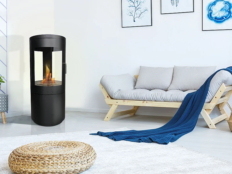 Outdoor bio ethanol kooktoestel, toren design in zwart staal met gehard glazen deur