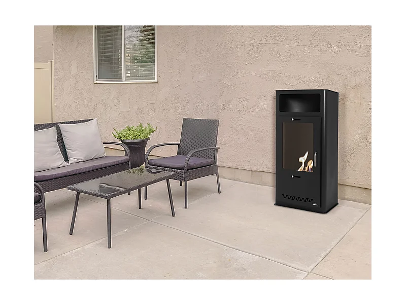 Bioethanolofen für den Außenbereich, rechteckiges Design aus schwarzem Stahl, Tür aus gehärtetem Glas