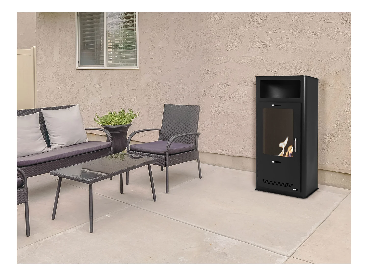 Bioethanolofen für den Außenbereich, rechteckiges Design aus schwarzem Stahl, Tür aus gehärtetem Glas