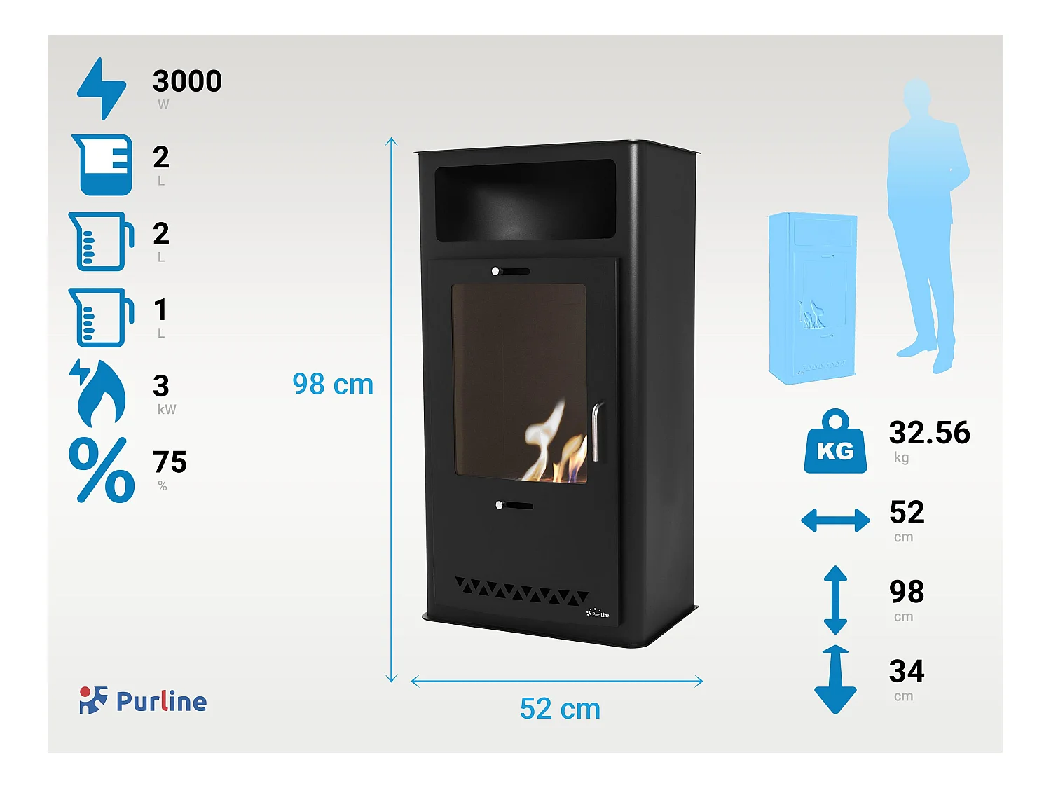 Bioethanolofen für den Außenbereich, rechteckiges Design aus schwarzem Stahl, Tür aus gehärtetem Glas