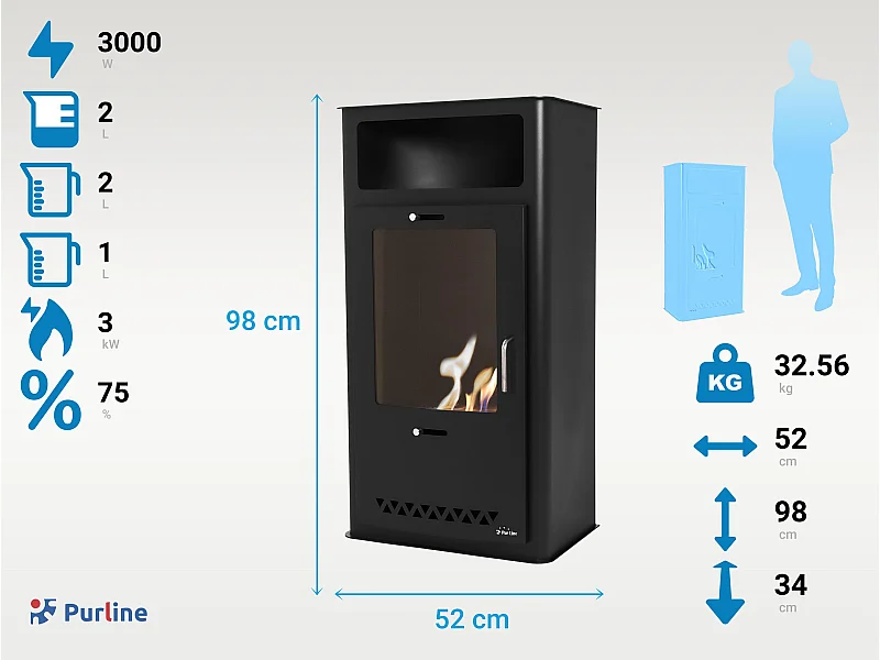 Poêle à éthanol 3kW design rectangulaire en acier noir