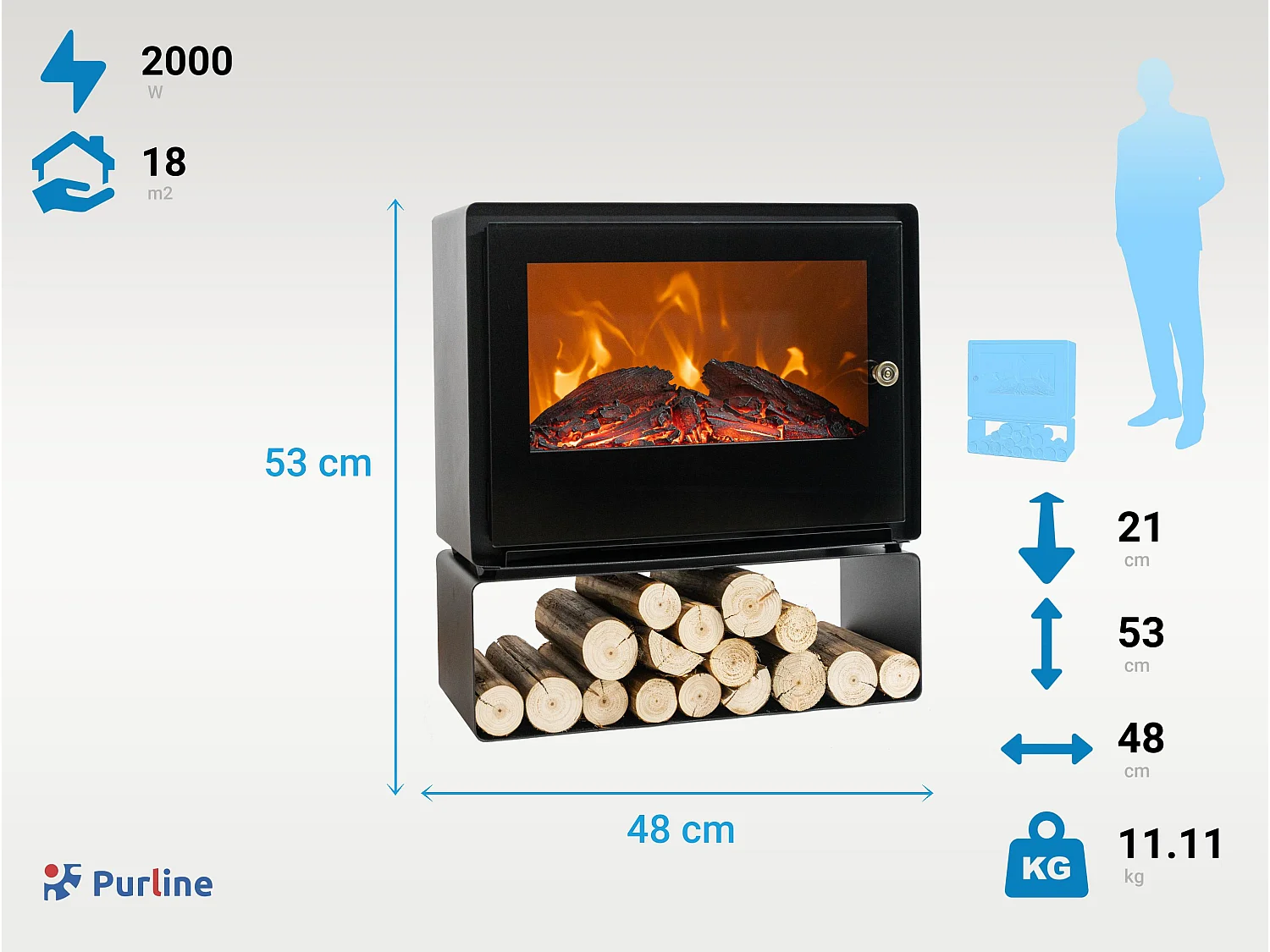 Staande elektrische haard met planchet 2000 W