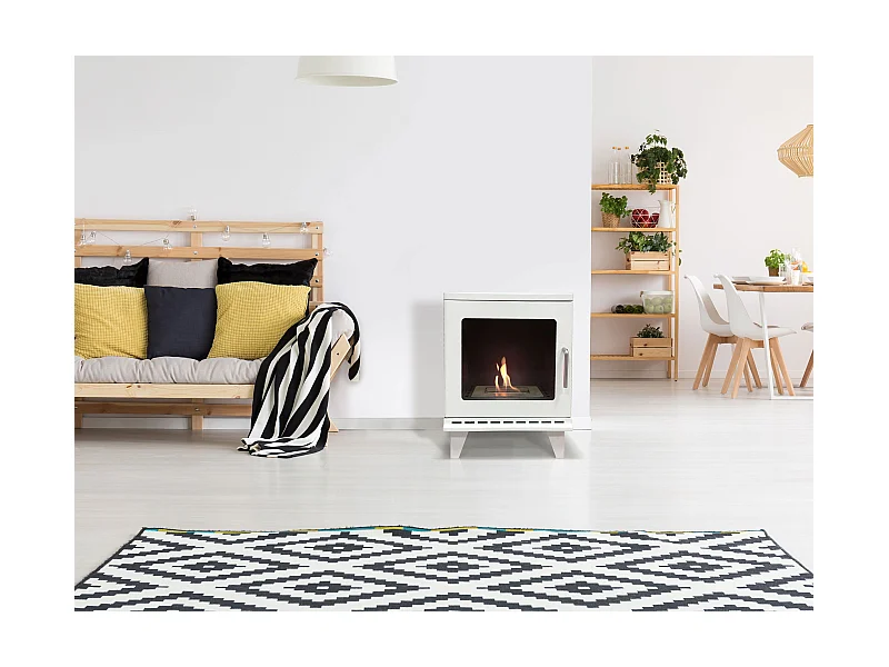 Bioethanolofen für den Außenbereich, quadratisches Design aus weißem Stahl, mit Füßen und Tür aus gehärtetem Glas