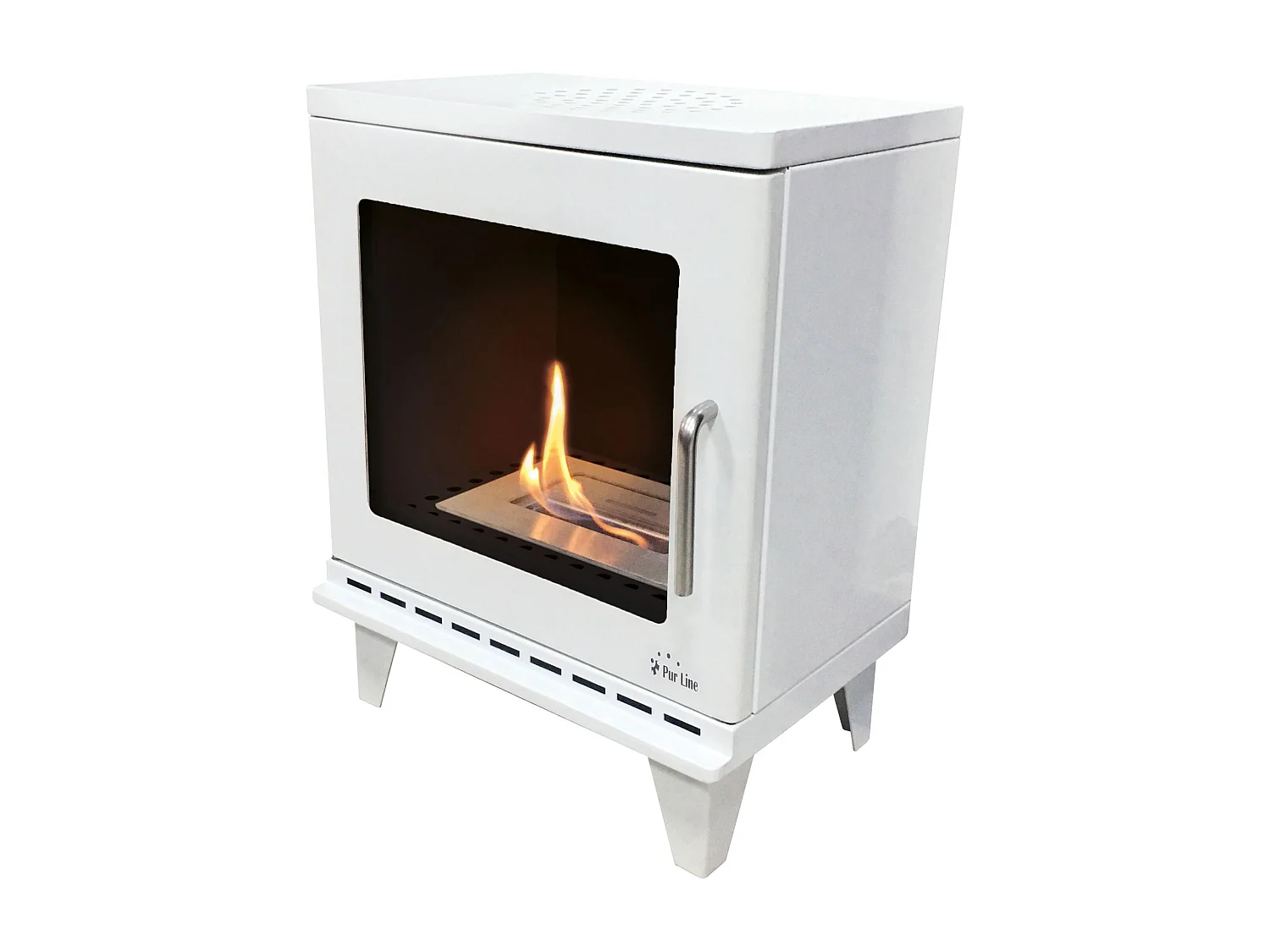 Poêle à éthanol 1,5kW design carré en acier blanc avec pieds