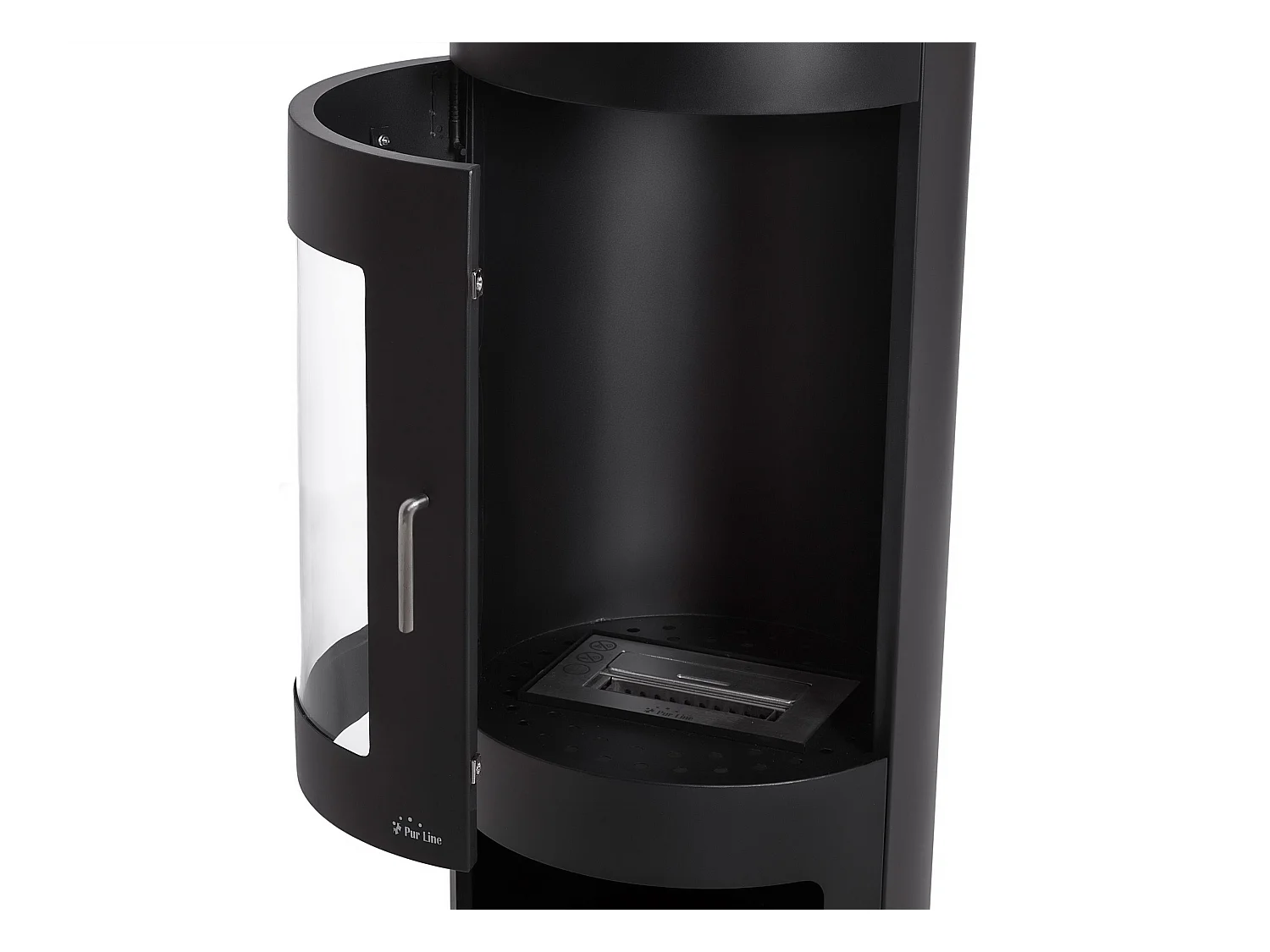 Ethanolkocher aus schwarzem Stahl mit Tür aus gehärtetem Glas