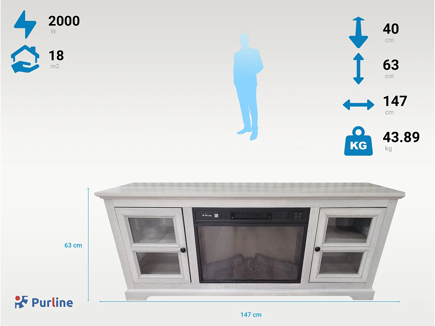 Aparador com lareira eléctrica cor cinzenta 2000W