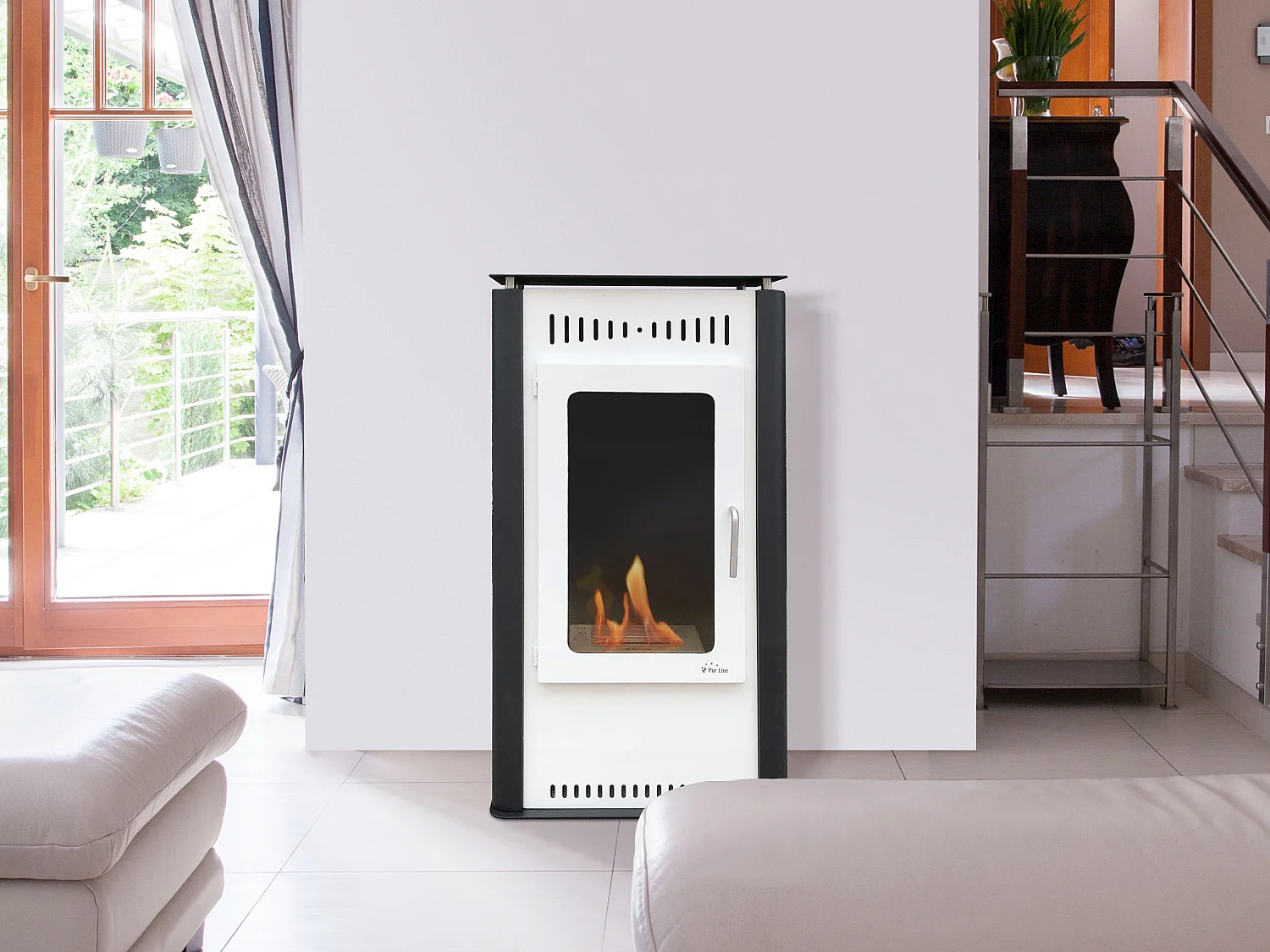 Poêle à éthanol 3kW en acier blanc avec porte en verre trempé